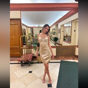 Gold satin mini dress perfect for NYE!